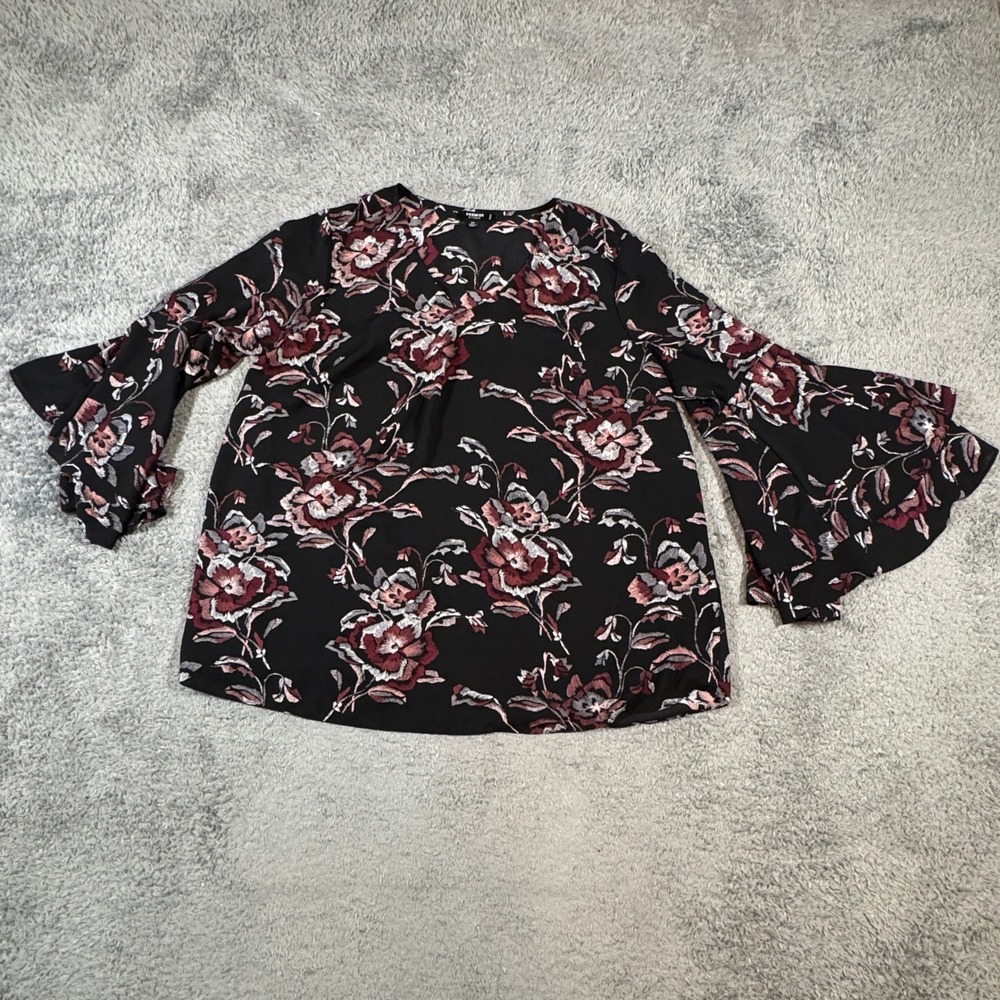 Premise Studio Woman 0X Floral V-Neck Tiered Bell Sleeve Blouse Black Burgundy